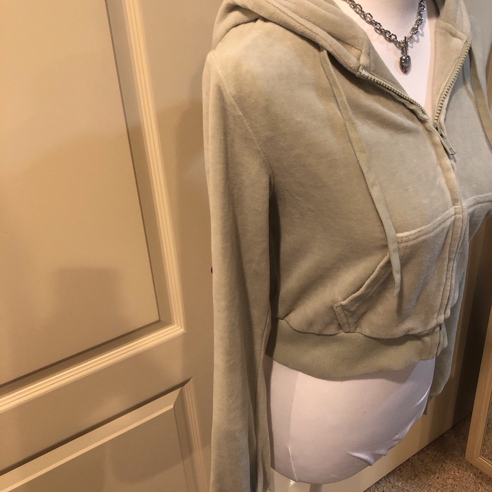 Brandy Melville Women's Sage Green Velour Zip-Up Hoodie - Picture 3 of 5